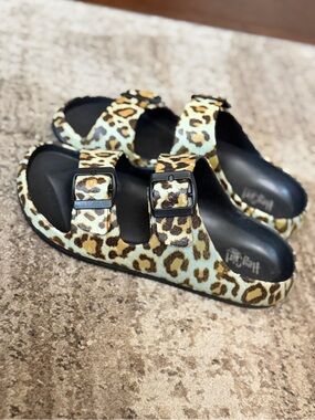 Corkys Leopard Print Double Buckle Rubber Slide Sandals